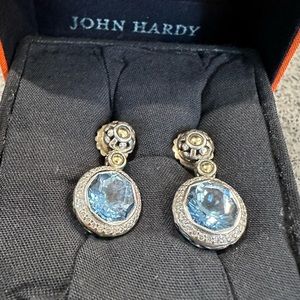JOHN HARDY 18K GOLD/STERLING SILVER & BLUE TOPAZ WITH DIAMONDS DROP EARRINGS